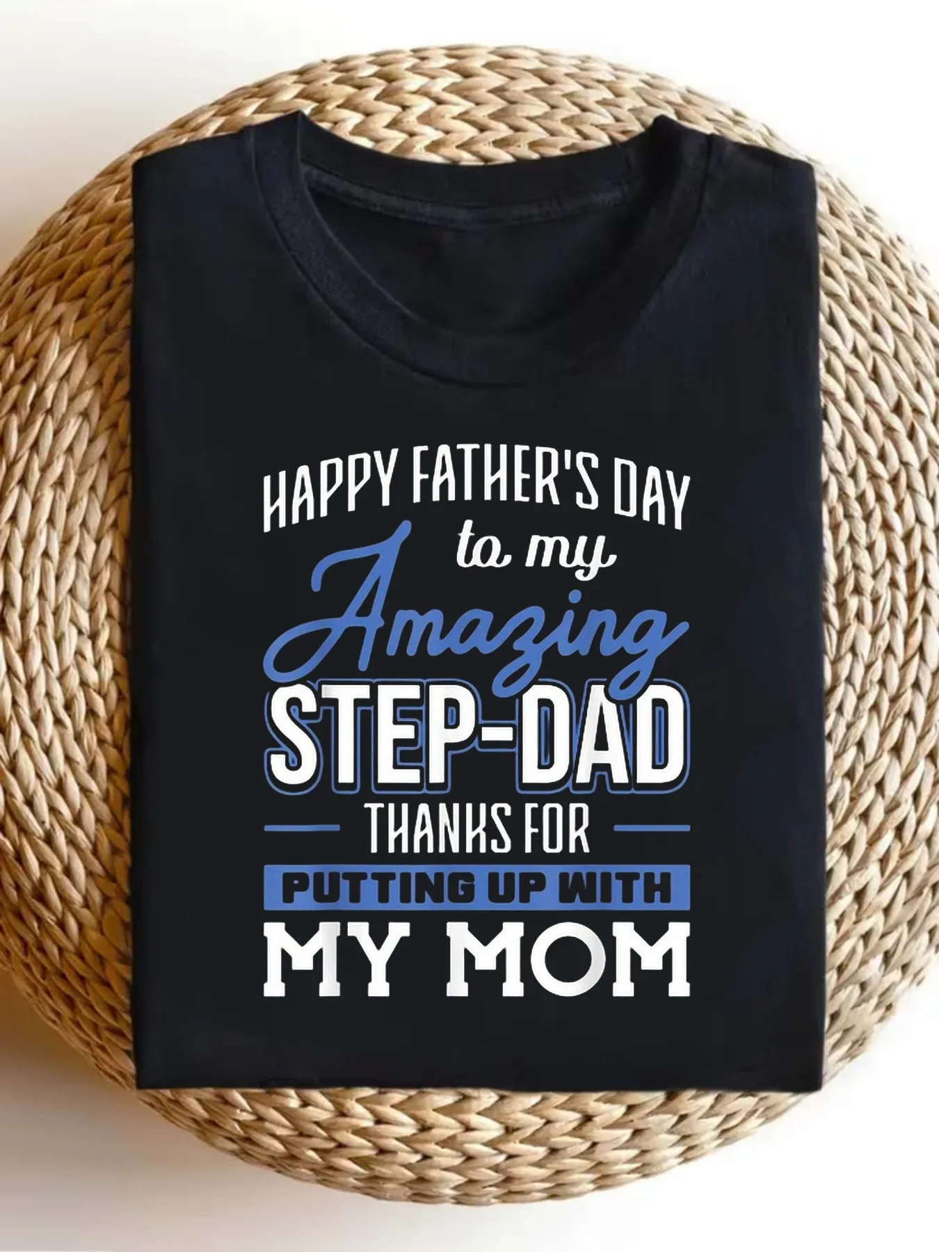 Funny Step Dad T Shirt for Men Vintage Humorous Gift Suitable for Dad, Stepdad, Father's Day Present with Thanks for Putting Up with Mom , Round Neck Short Sleeve Casual  Party Wear Tee,  Retro