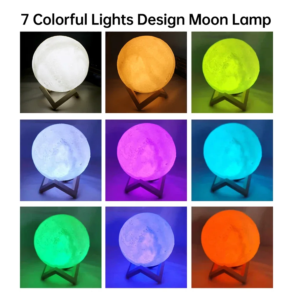 LED Night Light 3D Print Moon Lamp 8CM/12CM Battery Powered With Stand Starry Lamp 7 Color Bedroom Decor Night Lights Kids Gift