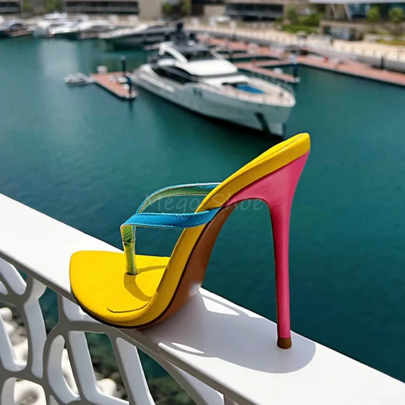 Sexy Pointy High Heel Flip Flops Slippers Women Luxury Golden Candy Colors Sandals Stiletto Heels Shoes Female Big Size 43 45