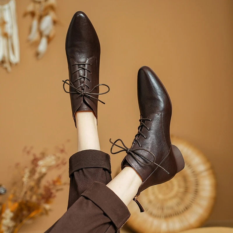 NEW Autumn/Winter Women Boots Pointed Toe Low Heel Shoes Genuine Leather Shoes for Women Lace-up Ankle Boots Zipper Modern Boots