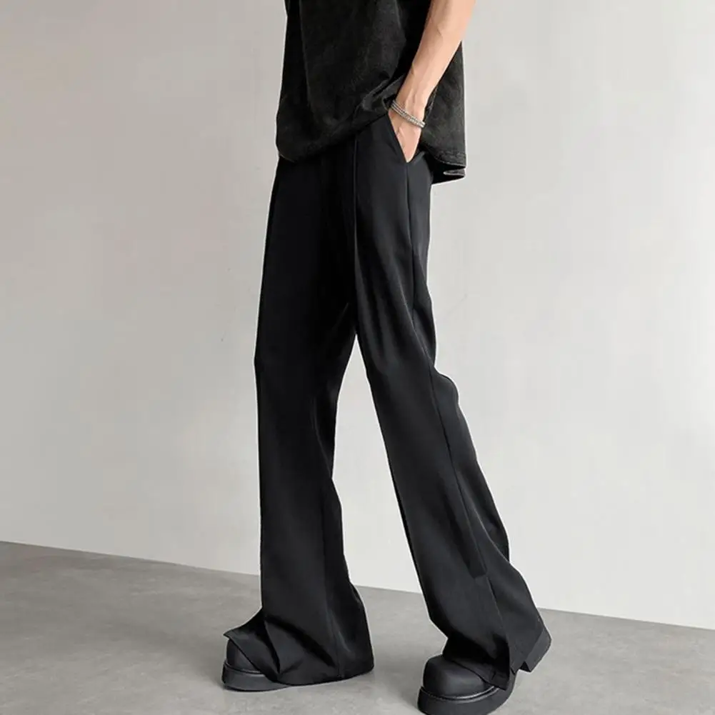 Men Suit Pants Straight Wide Leg Loose Mid Waist Pockets Deeep Crotch Button Zipper Closure Loose Formal Long Trousers