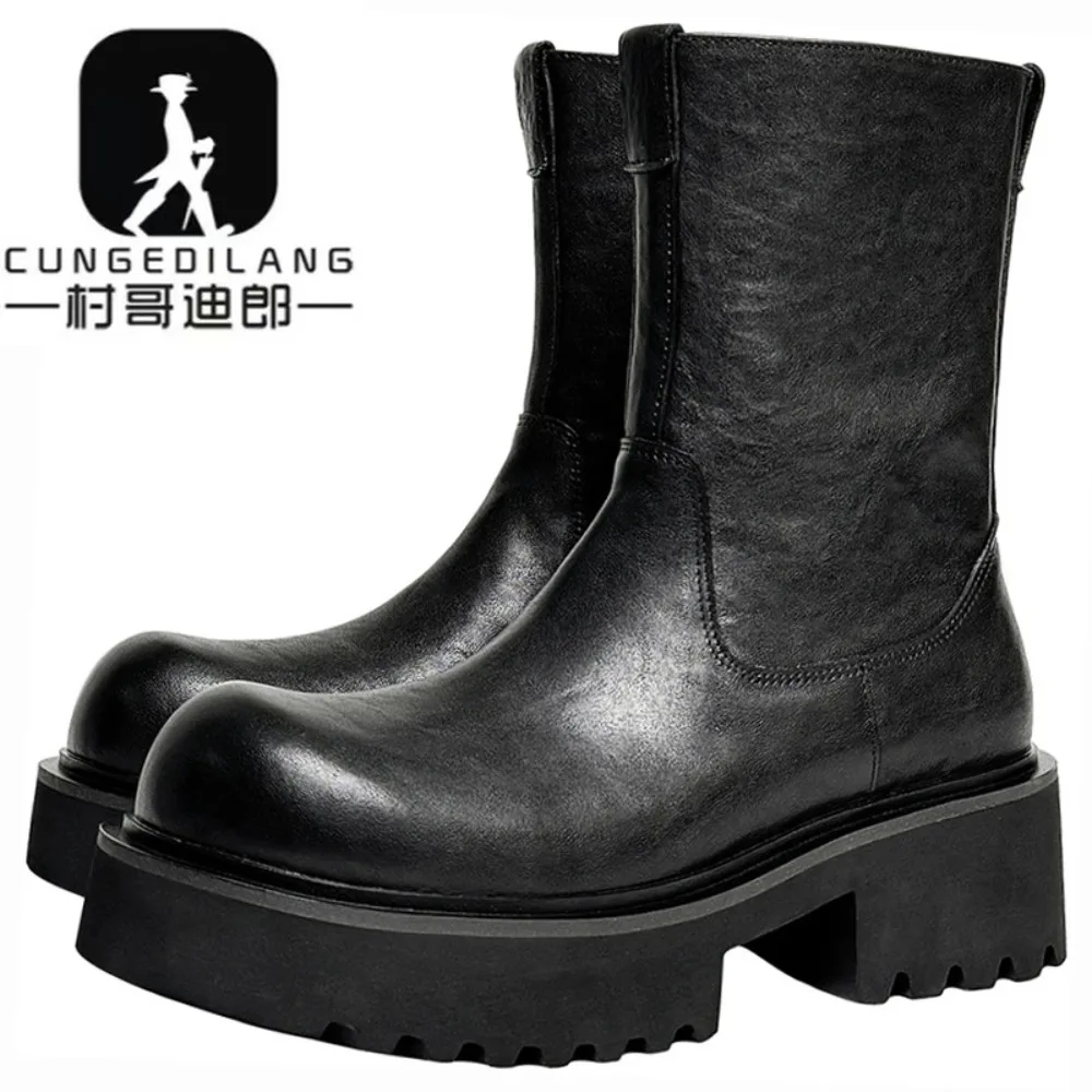 Men's Platform Boot Fashion Chelsea Boot Luxury Leather Botas Black Classic Business Dress Boots Casual Ankle Boot for Men Botas