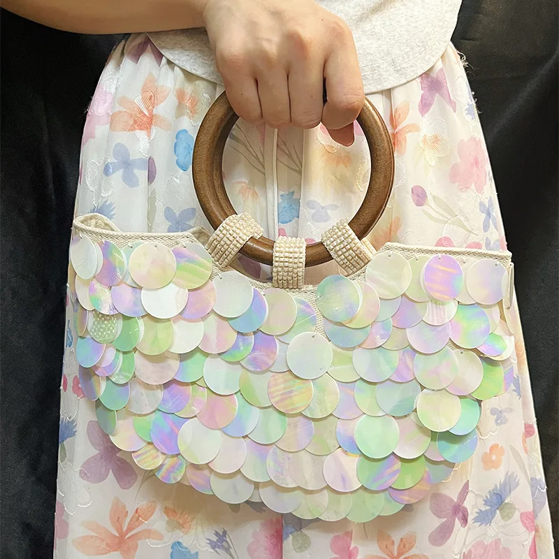 

Half Moon Sequins Women Handbags Luxury Fish Scales Evening Bags for Women Wooden Handle Party Wedding Clutch Ladies Purses Tote