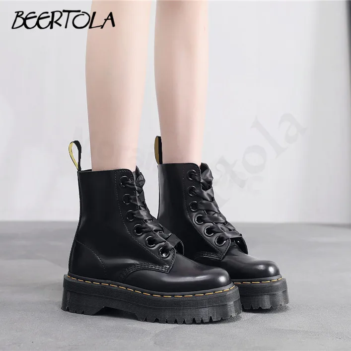 Women\'s Thick-Soled Wide-Lace Lace-Up Boots Round-Toe Black Personalized Motorcycle Large Size Trendy Boots for Men and Women