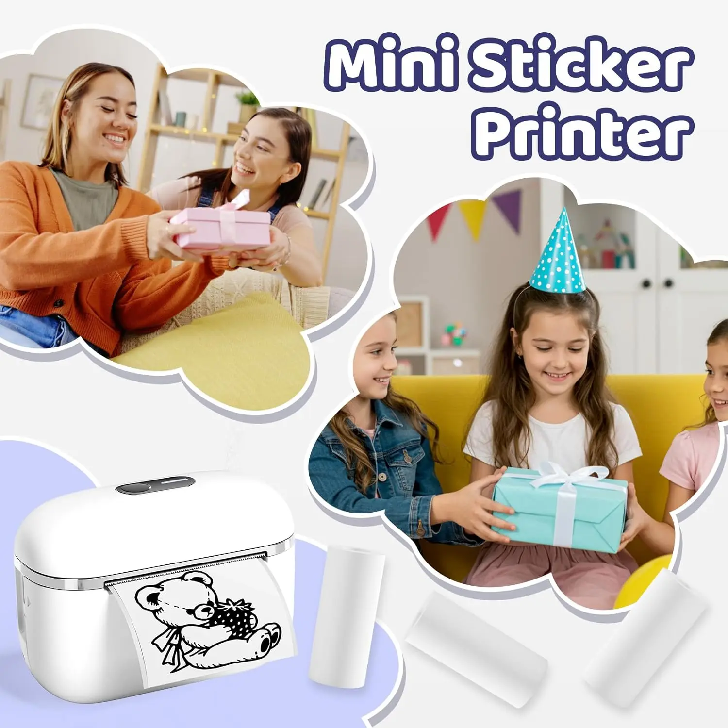 T02E Mini Sticker Printer Wireless Bluetooth Thermal Sticker Maker Perfect for Study Notes and DIY Photo Art Projects