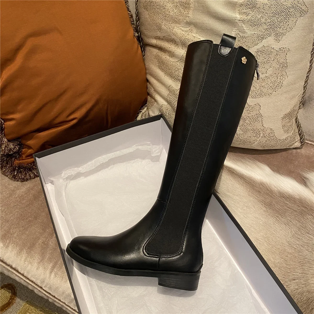 Black Women Long Boots Spring Autumn New Zipper Style Ladies Shoes Slip On Cozy Knight Boots Metal Decoration Zapatos Mujer 2024