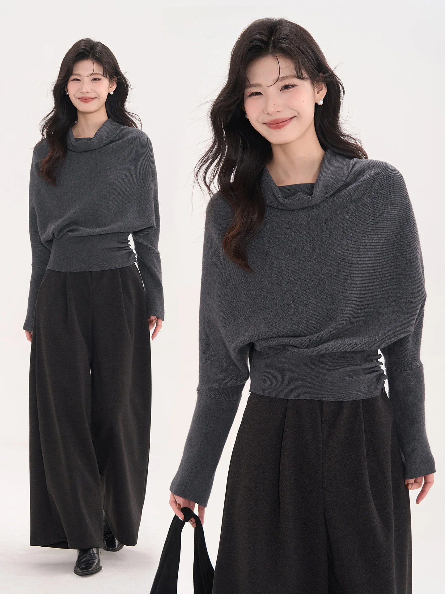 

Женский трикотажный топ с рукавами «летучая мышь» свободного кроя для весны и осени, повседневный, из полиэстера, акрила, модала, нейлона