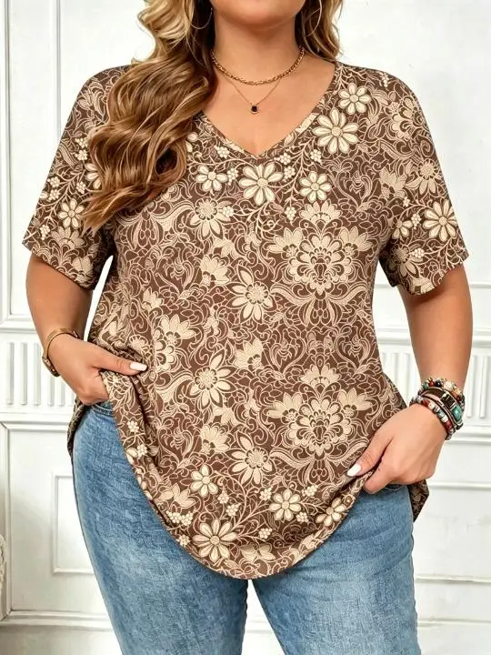 Women V Neck Short Sleeve T Shirt Floral Print Curved Hem Casual Loose Fit Tops Vintage Botanical Flower Pattern Tees