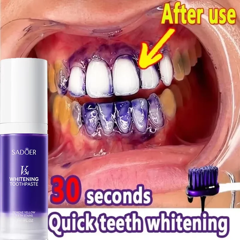 V34 Purple Teeth Whitening Toothpaste Remove Plaque Stains Cleaning Oral Hygiene Dental Bleach Tools Fresh Breath Tooth Whitener