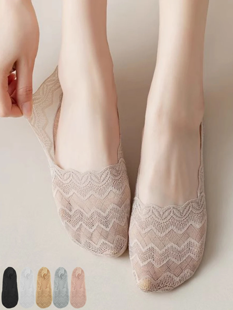 

5 пар женских весенне-летних тонких кружев, нескользящих, не линяющих, впитывающих пот, бесшовных, дышащих и модных носков