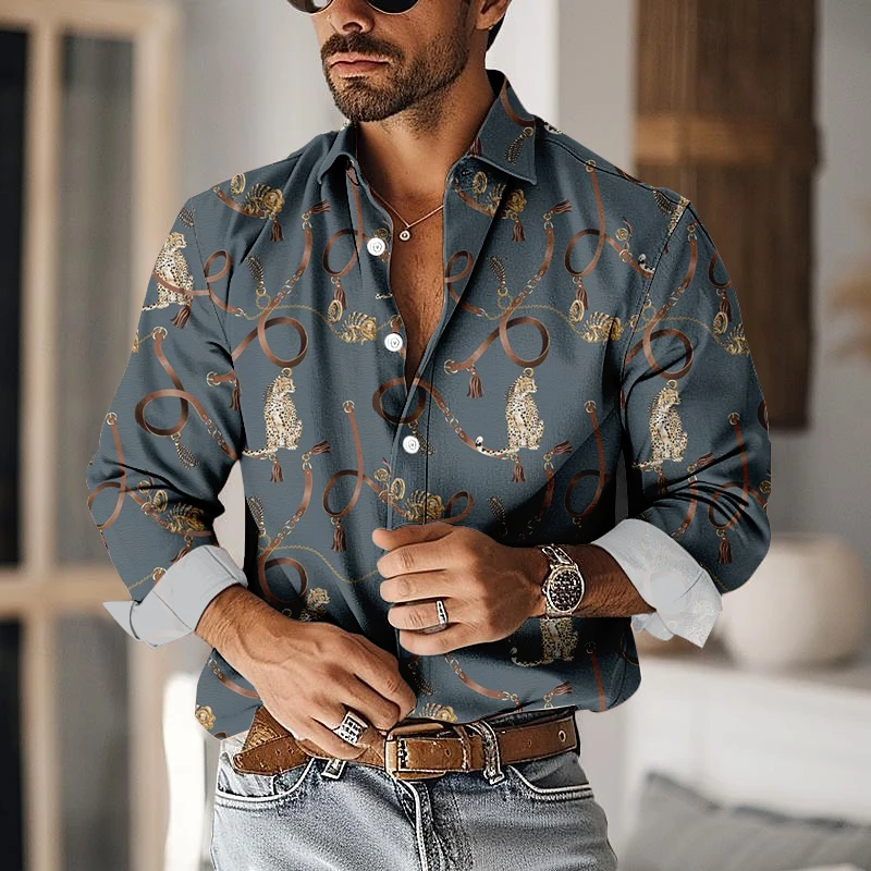 Fashion Chain Graphic Print Shirts Daily Casual Lapel Long Sleeve Men's Shirt 2024 Autumn New Men's Clothing Button Up Shirts