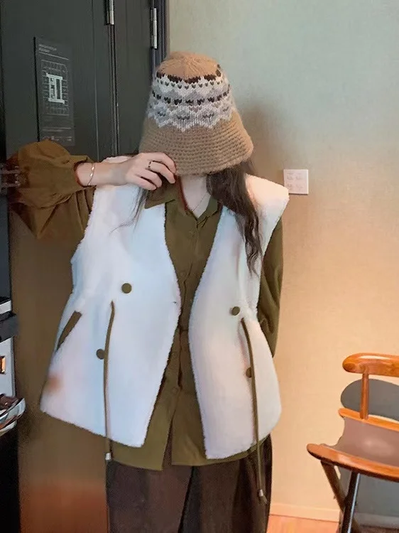 

Women's Loose ort Lamb Fur Vest Spring Autumn Winter Faion Outerwear Comfortable Polyester V-Ne Warm Thiened Jaet