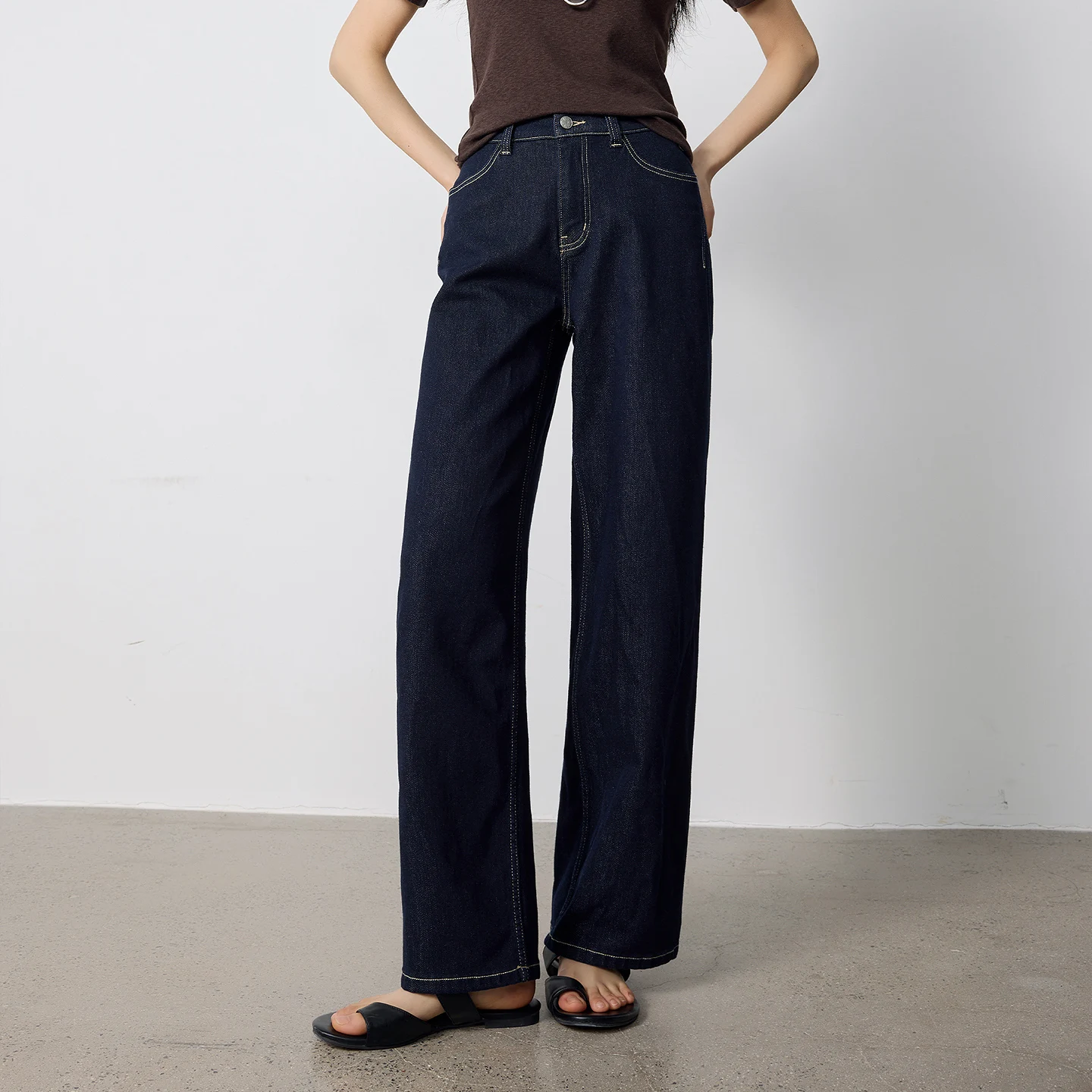 TOYOUTH Women Lyocell Jeans 2026 Summer New Half Seam Mid Low Waist Straight Narrow Wide Leg Pants