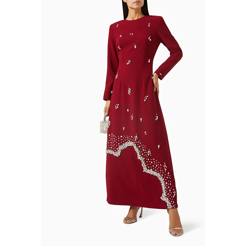 Customized O-Neck Long Evening Dresses Elegant Formal Occasion Prom Gowns Bead Crystal 2025 Ankle Length Prom Dresses