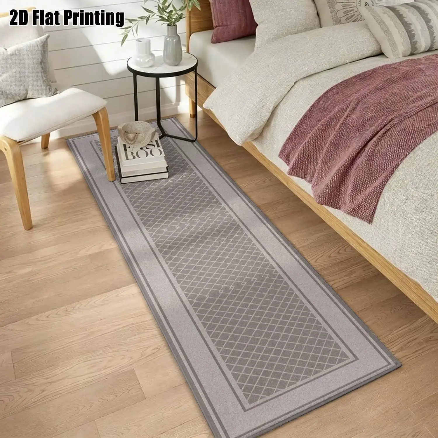 1Pc 2D Printed Gray Grid Geometric Strip Runner Rug, Nordic/Instagram/Modern Minimalist Style, Machine Washable, Multi-Size, Ideal for Entryway, Living Room, Bedroom, Kitchen Home Decor
