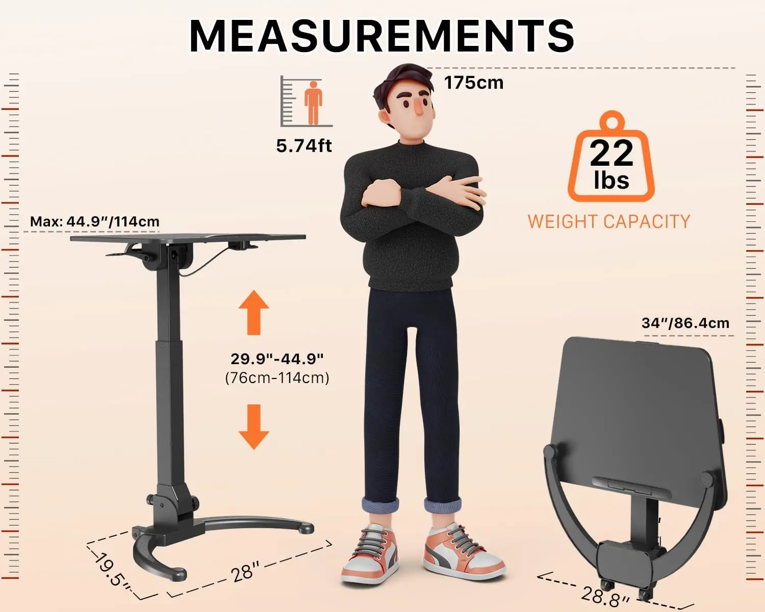 Worker Foldable Mobile Standing Desk, Height Adjustable Sit Stand Desk, 90° Tiltable Rolling Laptop Desk, Portable Desk With