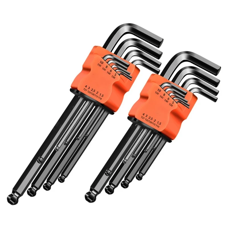 9pcs Hexagon Wrench Alloy Steel Tools Set Torx Star Inner Hexagonal Long Ball End L Allen Key Kit L-Shaped Ball Head Hand Repair