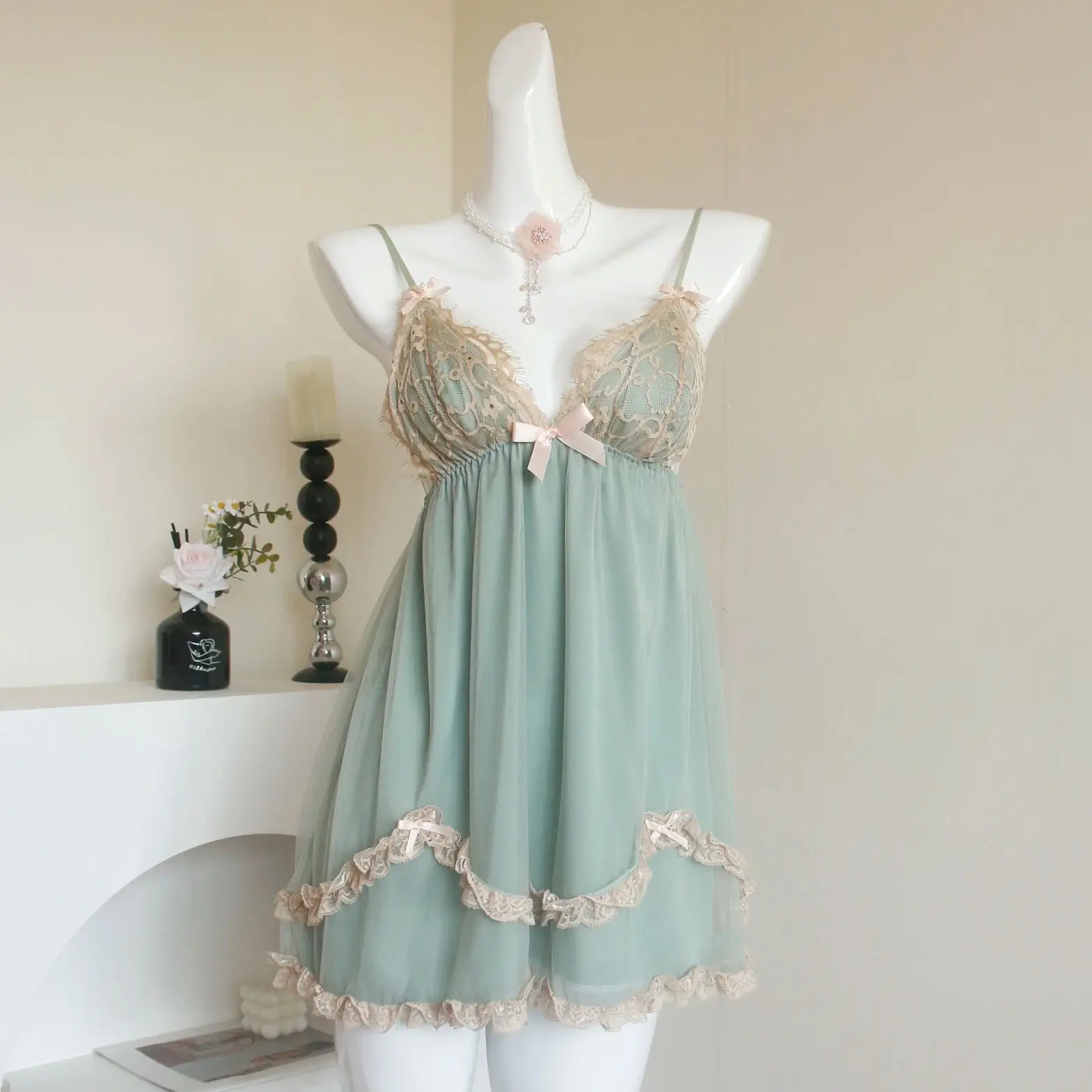 Women's Sexy Bathrobe Set Mesh Solid Lingerie Lace Ladies 2 Pcs Nightdress and Robe V Neck Backless Nighty for Female Sleepwear