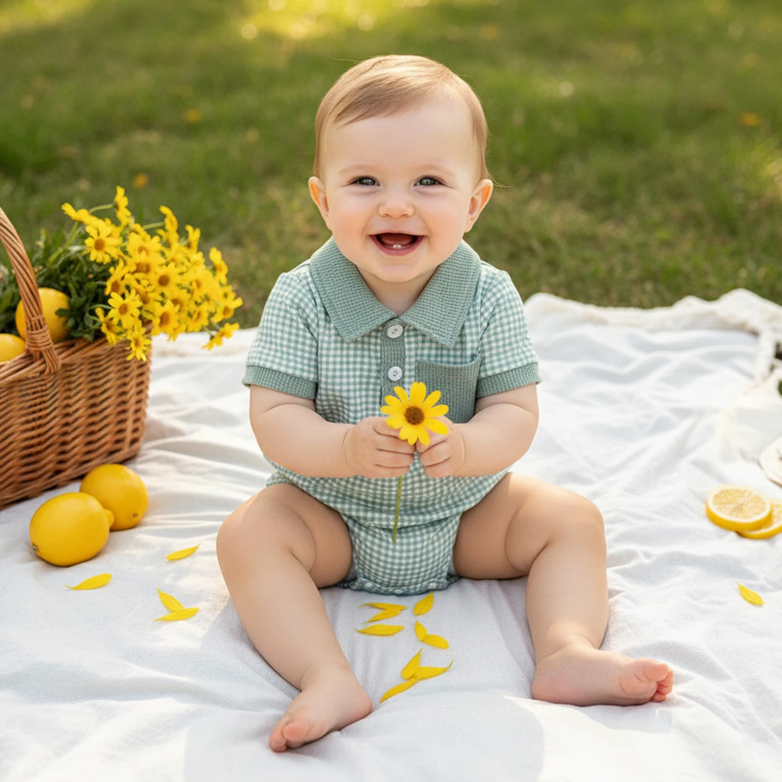 Tregren 0-18M Infant Newborn Baby Boy Summer Romper Casual Waffle Plaid Pattern Short Sleeve Turn Down Collar Bodysuit Clothes