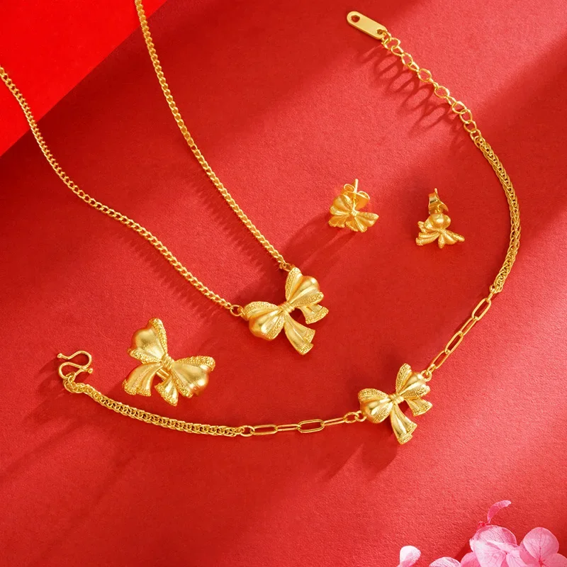 

Luxury 24K 9999 Pure Gold real gold Women's Bow Necklace Bracelet Earrings Ring