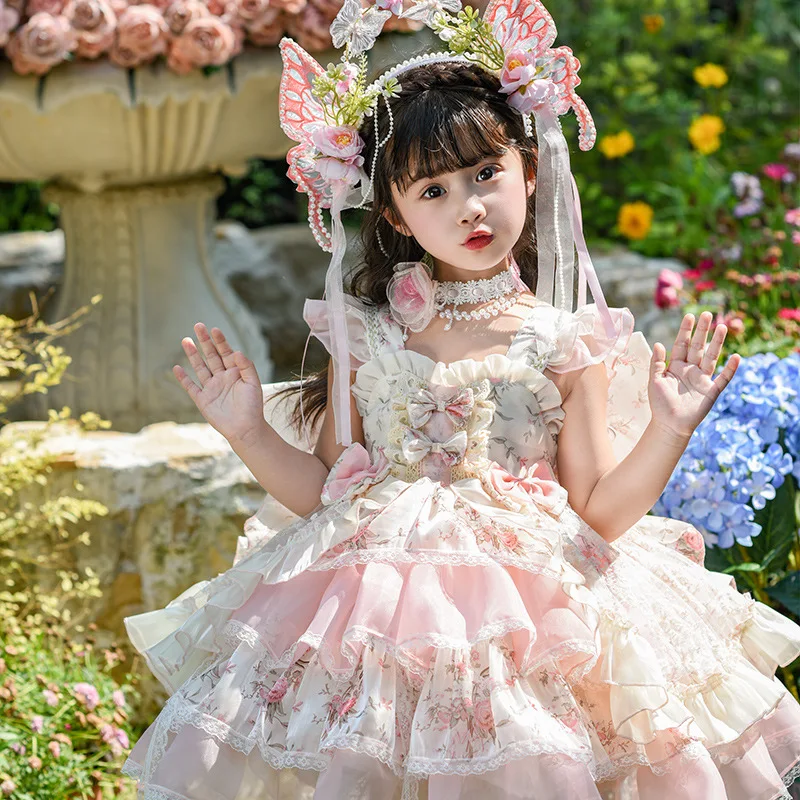 Girls Pink Color Lolita Floral Tiered Dress Lace Ruffle Design Bow Princess Gown Toddler Girl Special Occasion Outfit for Part