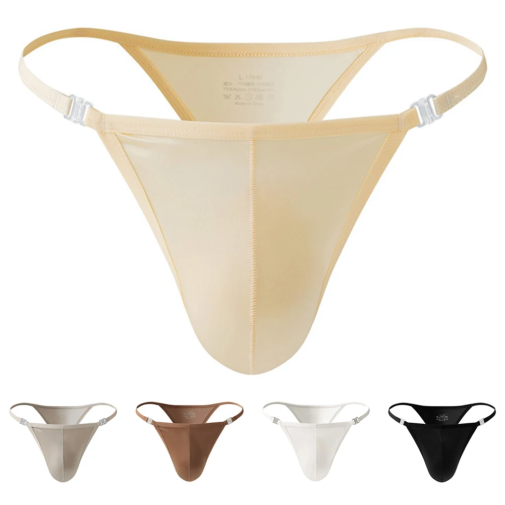 

Simple Solid Color Thin Belt Mens Ice Silk Underwear Satin-like G-strings T-back Fashion Thong Jockstrap Pouch