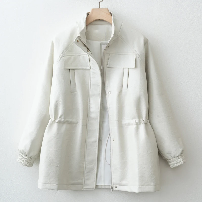 Herbst Winter Pu Leder Jacke Für Frauen Solide Volle Hülse Elastische Verstellbare Taille Mantel 2025, Neue Dame Mode Lässig Outwears