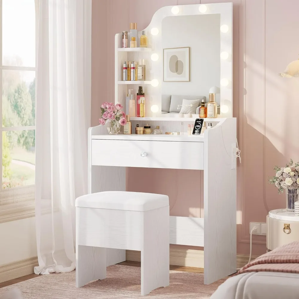

Small Makeup Vanity Desk with Mirror and Lights, Vanity Table Set with Storage Stool, Makeup Drawer Organizer, Power Outlet