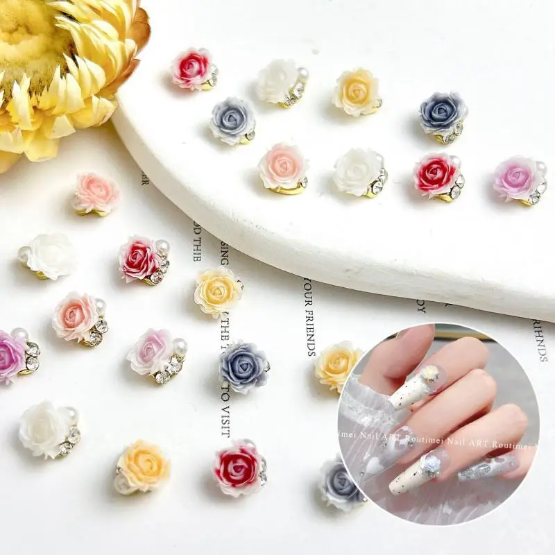 10Pcs Mini Gradient Rose Nail Charms with Simulated Pearl Rhinestones Inlay Flat Bottomed Nail Art Decorations for DIY Manicure