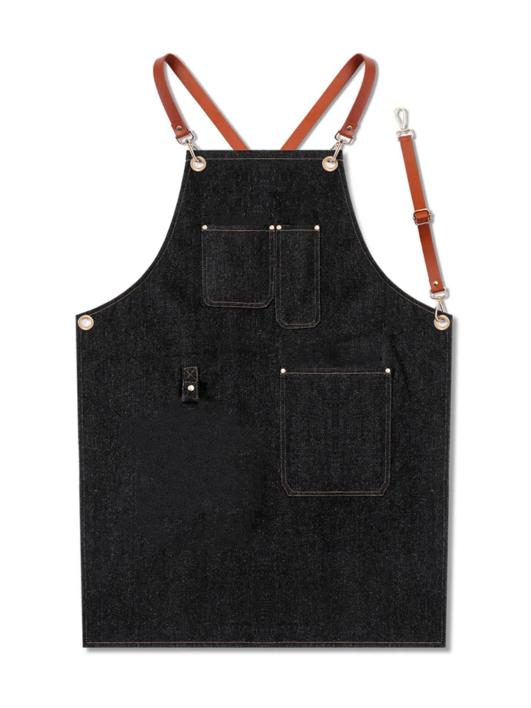 Denim Work Apron Durable Lightweight Jean Apron with Pockets Cross-Back Strap + 3 pockets + 1 Towel