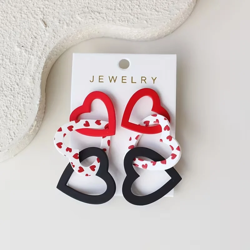 1 Elegant heart-shaped acrylic drop earrings for Valentine's Day - Red and black color combination