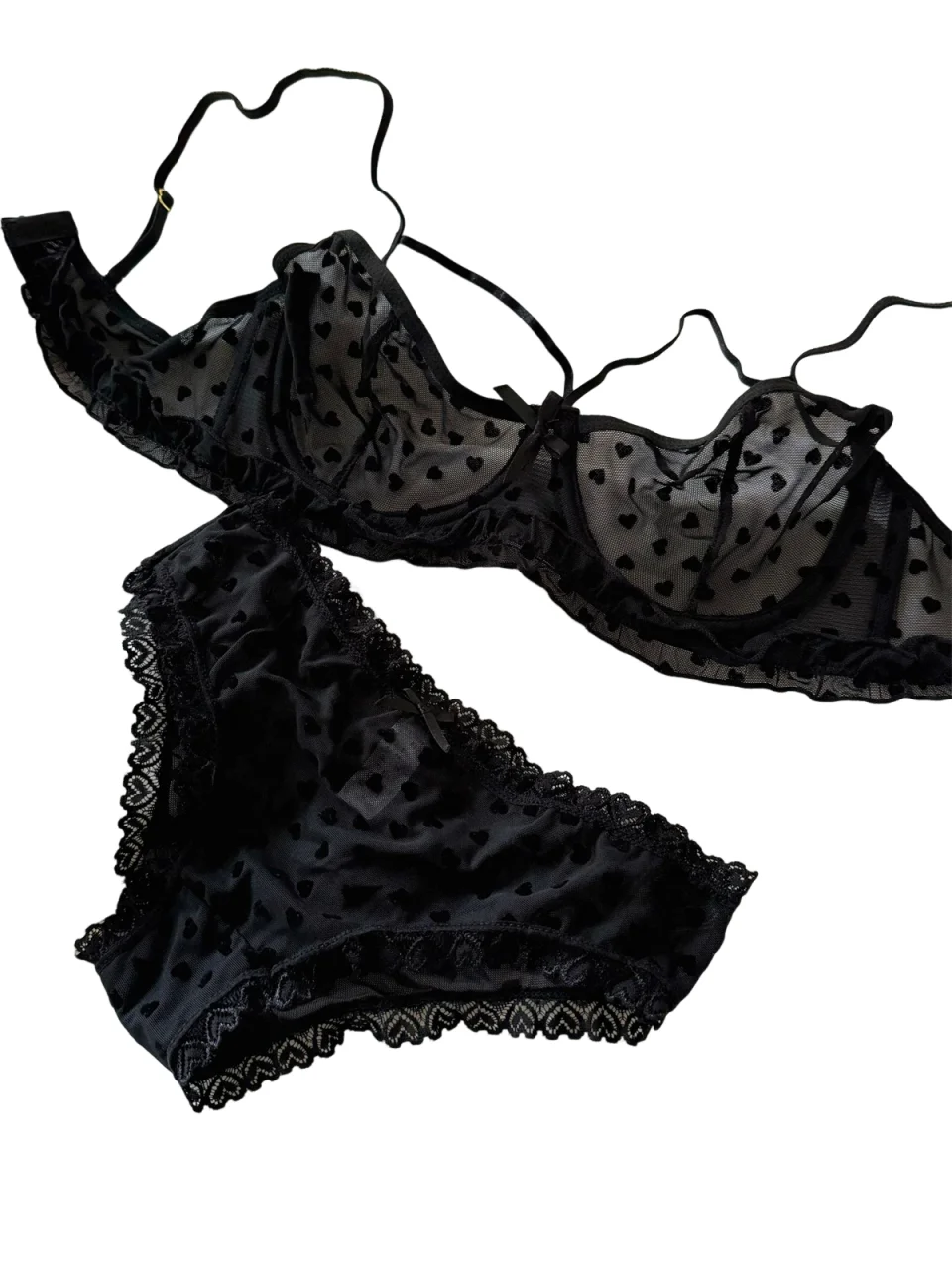 

KUCLUT mesh lingerie ultra-thin large breast underwear sexy lace adjustment bra set mesh love flocking adjustment bralette
