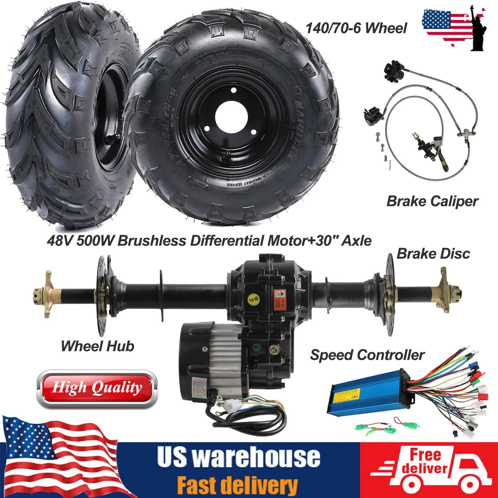 

Колеса 145/70-6 + задняя ось 30 дюймов + бесщеточный двигатель 48В 500Вт + контроллер + тормоз для картинга и квадроцикла