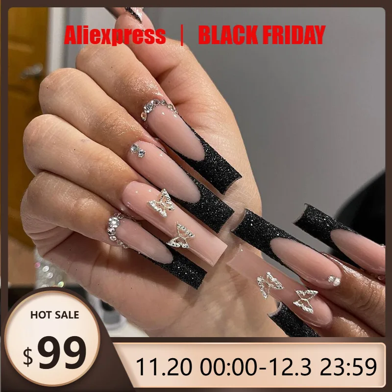 

24Pcs Fake Nail Long French Tips with Black Edges Silver Butterfly Glitter and Sparkling Rhinestones Perfect Gift for Girls