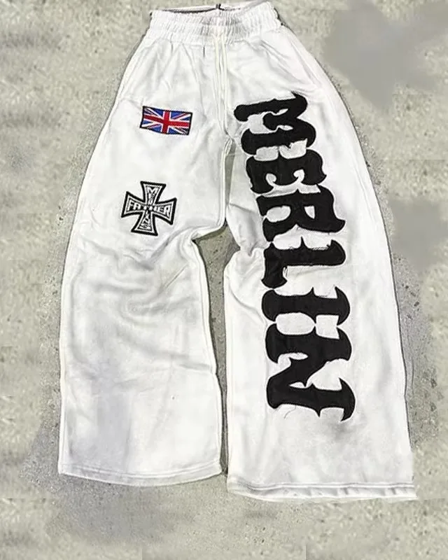 Men Women Unisex Summer Quick Dry Long Pants Union Jack Gothic Letter Print Baggy Wide Leg Goth Streetwear Casual Trousers Kids