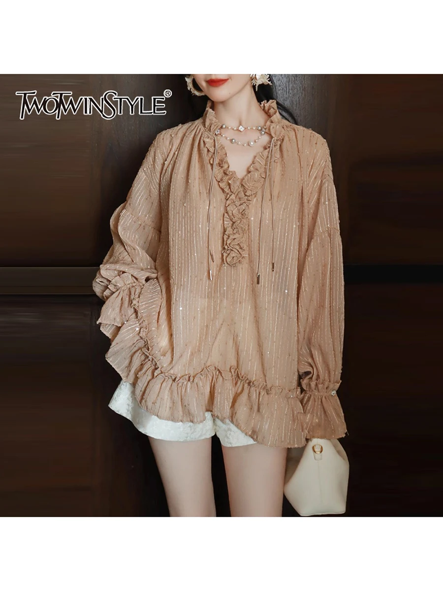 

TWOTWINSTYLE Solid Spliced Bright Silk Casual Blouses for Women V Neck Long Sleeves Patchwork Folds Elegant Blouse Female New