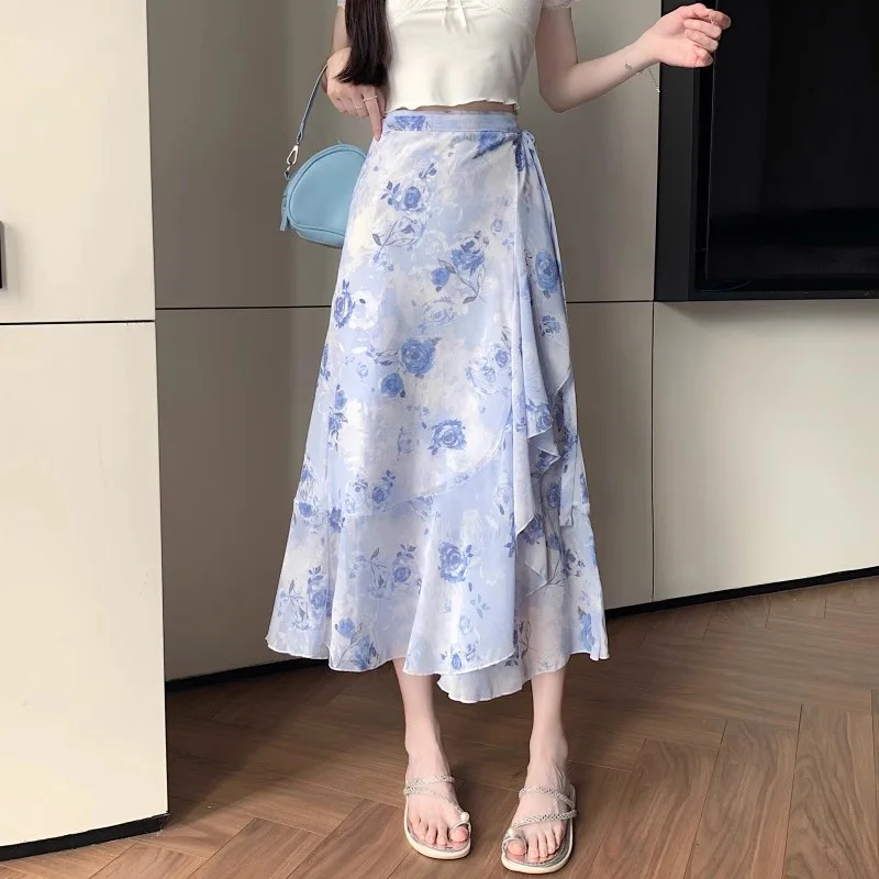 

New Women Summer One piece Lace up Floral Skirt Fashion High Waist Ruffles Irregular Print Skirt Casual Holiday Beach Skirt