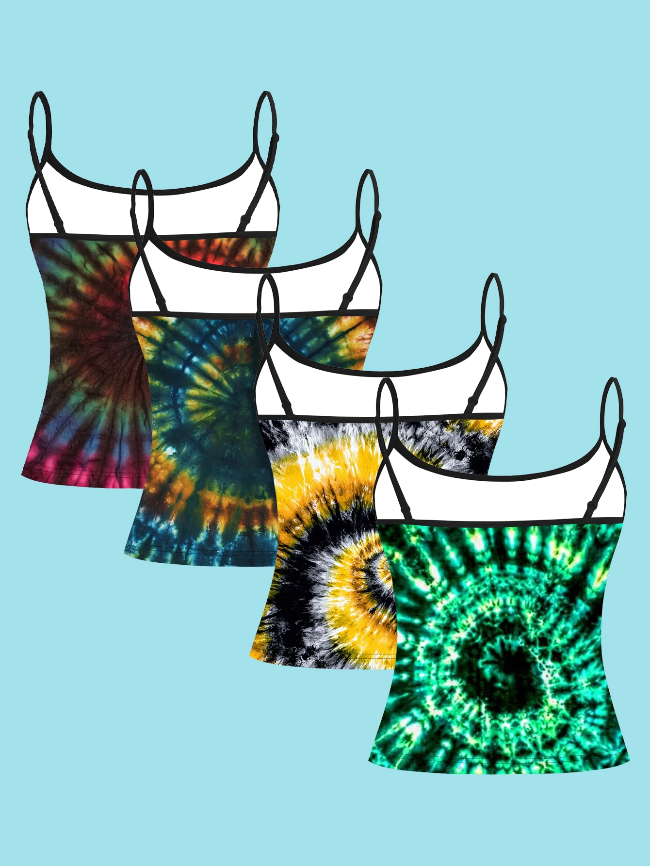 4-Piece Set of Vintage Spiral Tie-Dye Printed Camisoles for Women, Distressed Color-Blocking Hippie Style Spaghetti Strap Waist-Cinching Slim-Fit Base Tops, Casual Outerwear for Music Festivals, Camisole