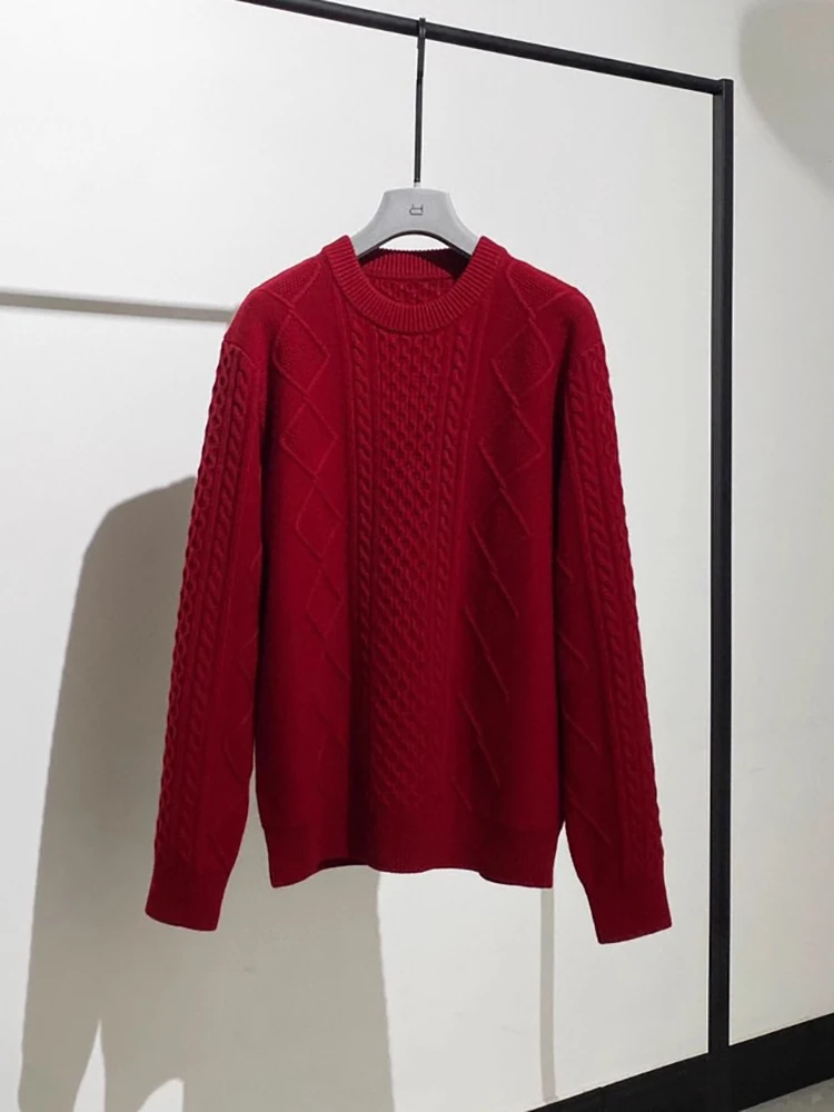 

New men's retro festive red wool twist pattern solid color crewneck long sleeve knit sweater
