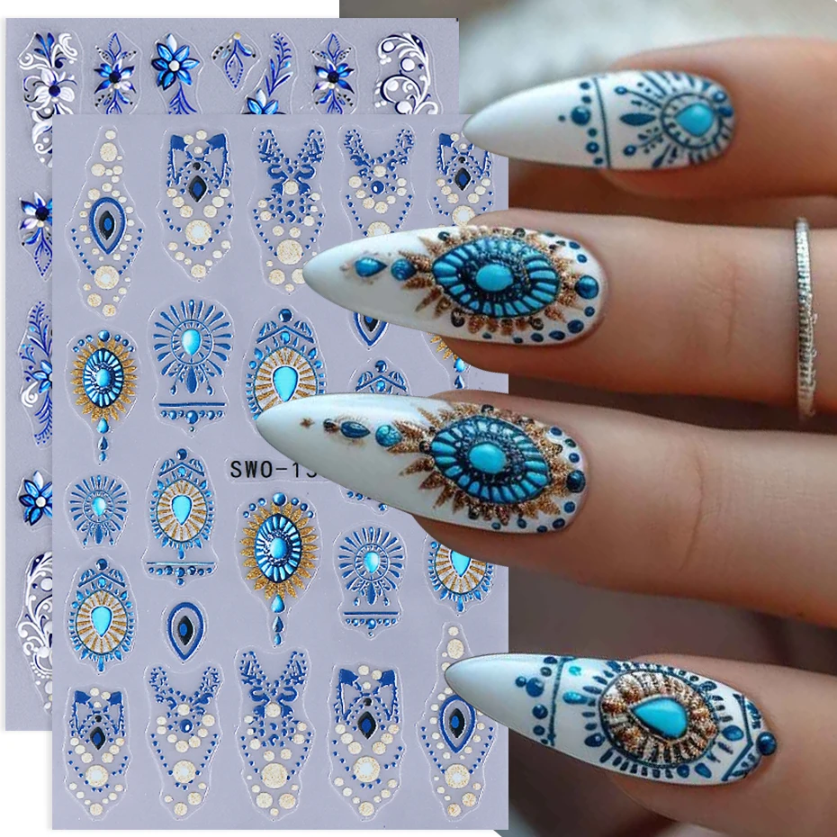 Autocollants pour ongles, 2 pièces, motif de pétales de Totem blanc et bleu, décalcomanies auto-adhésives pour ongles, Style bohème, décoration de manucure à faire soi-même, curseurs