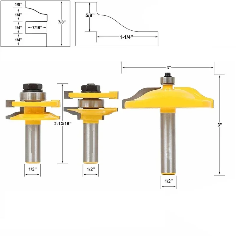 3pcs 12MM 1/2 Shank Small Rail and Stile Ogee Router Bits Set Tenon Cutters 3