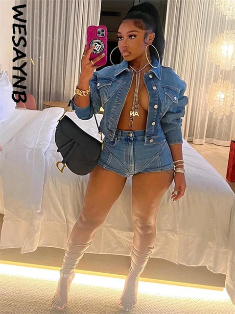 WESAYNB Fall Outfits Clothing denim Shorts 2 Two Pieces Sets Women Outfit 2022 Long Sleeve Crop Top Sexy Blue Club Outfits Suits AliExpress