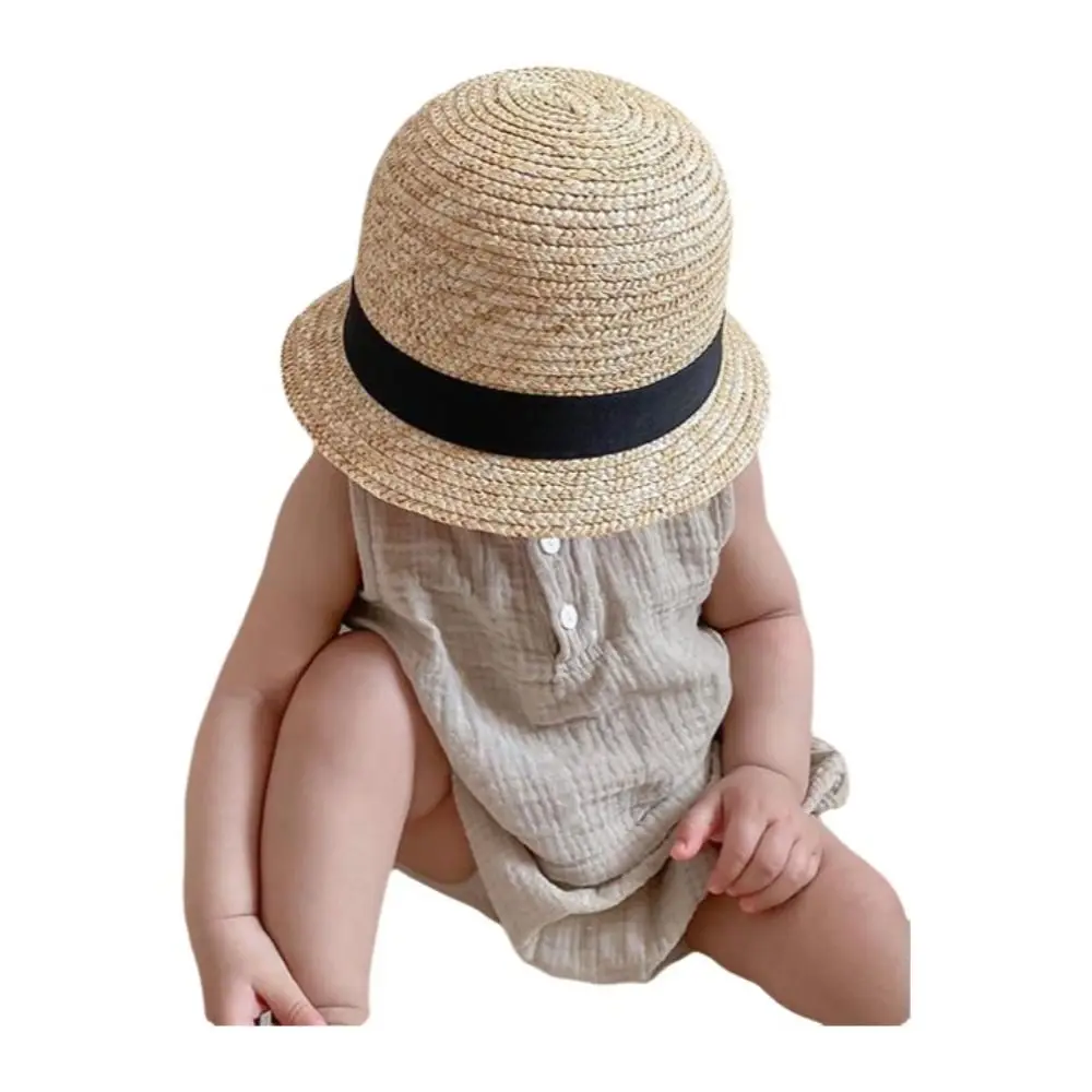 Fashion Japanese Style Kids Straw Hat Round Top Sun Protection Kids Sun Cap Plaited Straw Children Sun Hat Children Outdoor