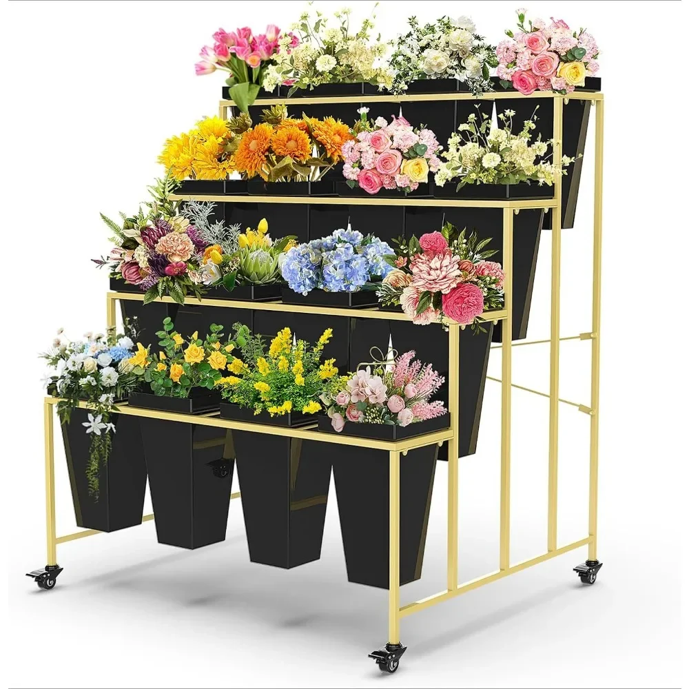 Flower Display Stand with Square Buckets, 4 Layers 16 PCS Buckets Plant Stand with Wheels, Movable Metal Plant Stand