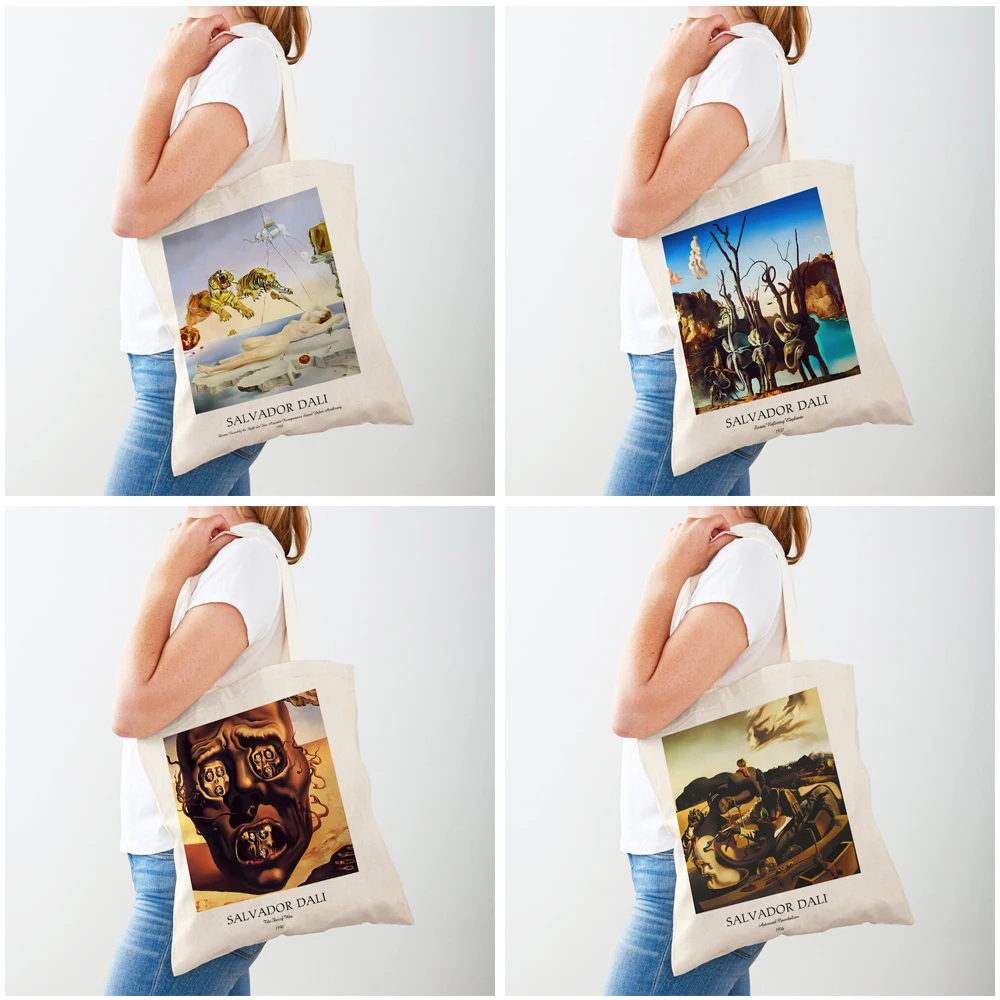 Reusable Casual Canvas Women Shopping Bags Double Print Salvador Dali Surrealism Cubism Exhibition Shopper Bag Tote Lady Handbag