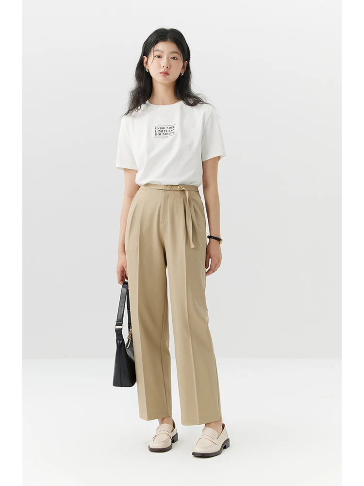 ZIQIAO High Waist Belt Decoration Women Khaki Twill Cropped Suit Pants Pleated Design Draped Tapered Trousers 24ZQ91188