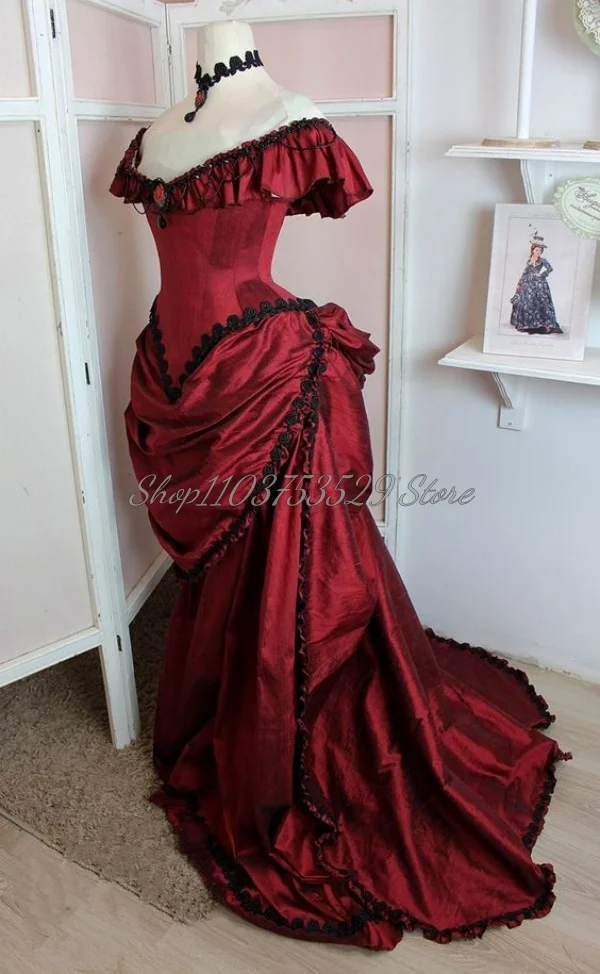 Burgundy Victorian Prom Dresses Lace Applique Sheath Pleated Princess Tutu Vintage Sexy Backless Lace Up Corset Customised