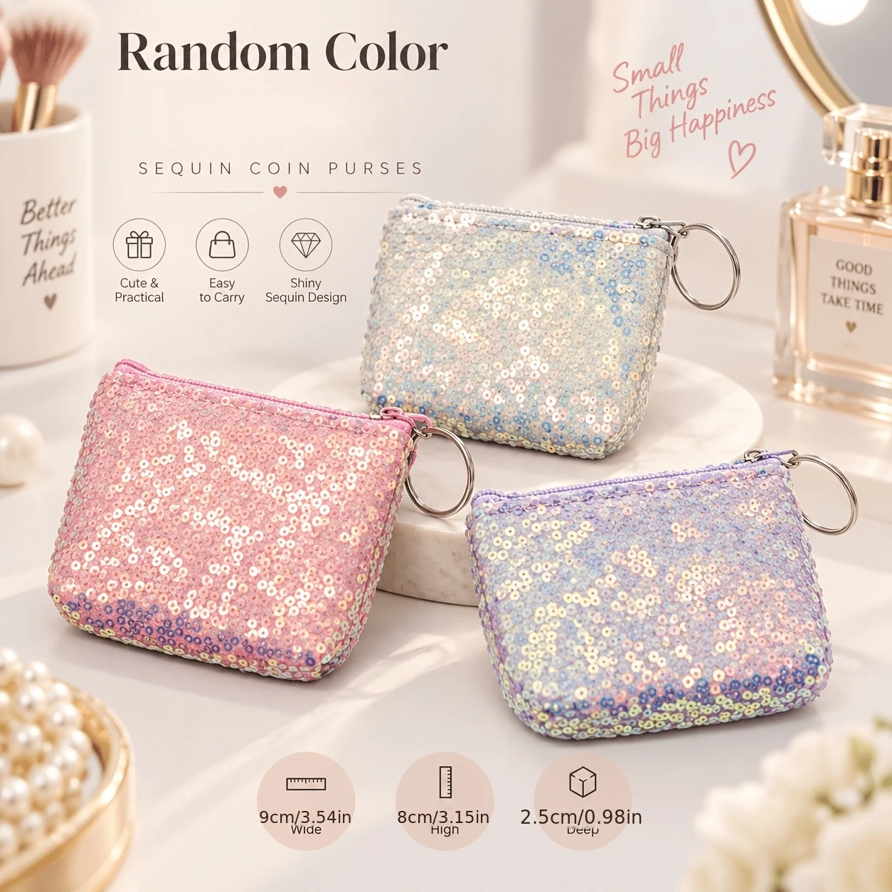 Glitter Coin Purses With Key Rings, Sparkling Zippered Change Bags Mini Wallets, Storage Pouch For Cards Headphones Lipstick