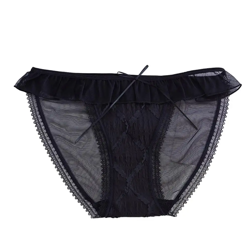 Women Folds Bubble Lace Ruffles Briefs Cute Sweet Cross Bow Mesh Panties See Through Breathable Underpants Comfy Solid Underwear