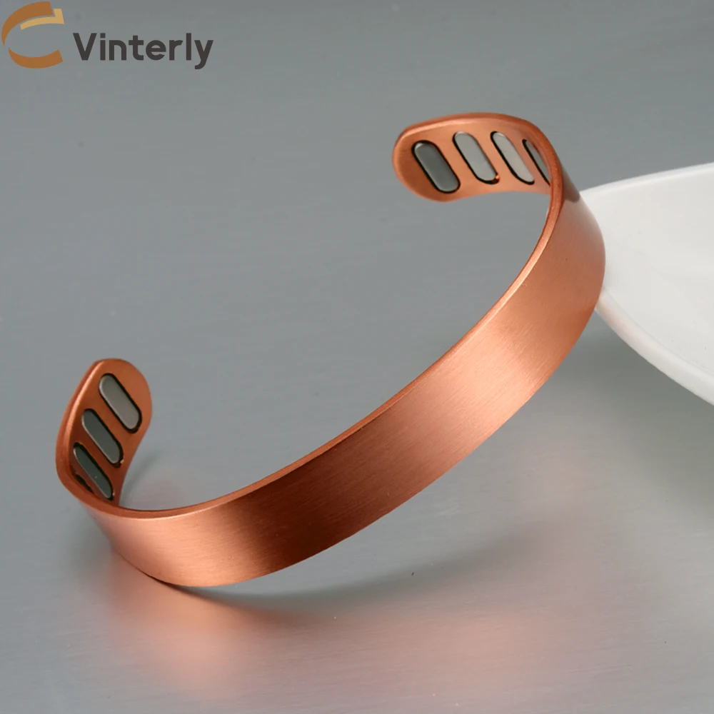 Vinterly Pure Copper Bracelets 15mm Matte Adjustable Open Cuff Bangles Health Energy High Magnet Jewelry Male Resizable Metal